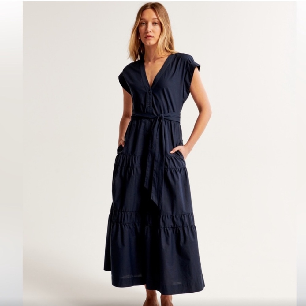 Abercrombie Navy Tiered V-Neck Maxi Dress with Tie Waist